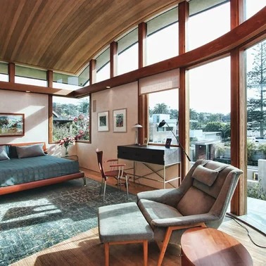 Del Mar Beach House — master bedroom with curved ceiling and ocean views