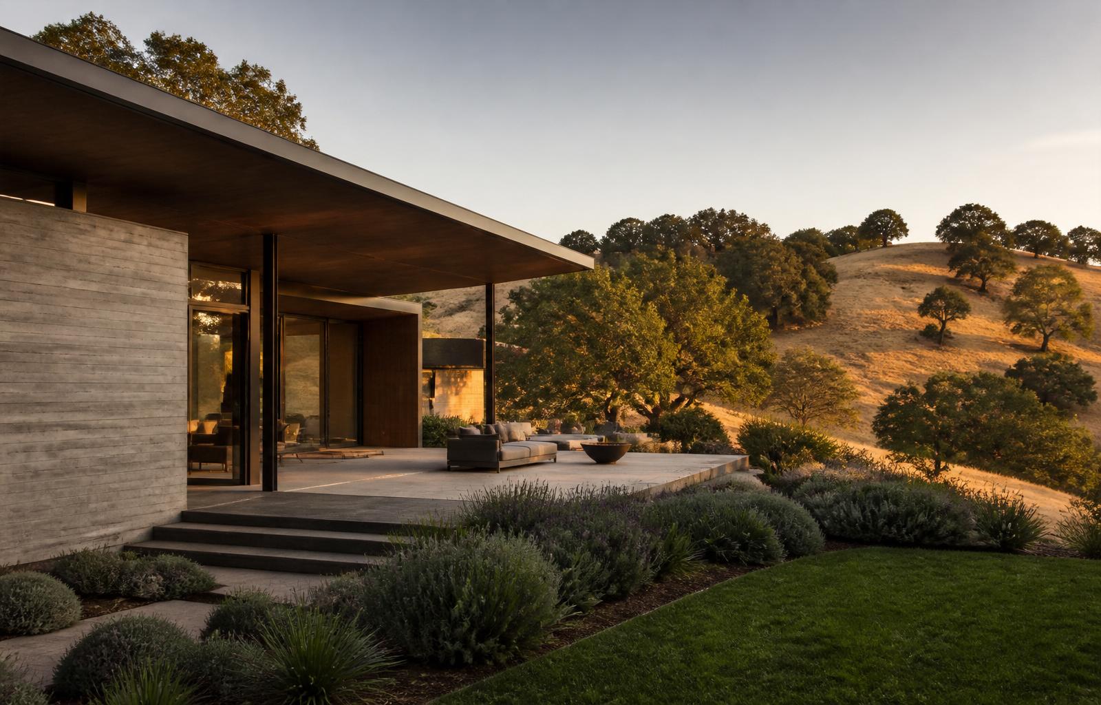 A JT Engel residence at dusk, framed by mature landscape